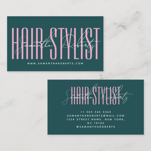 Hair stylist modern typography script green pink visitenkarte (Vorne/Hinten)