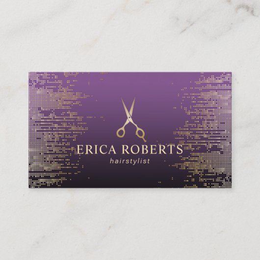 Hair Stylist Moderne Goldene Sequenzen Lila Salon Visitenkarte (Vorderseite)