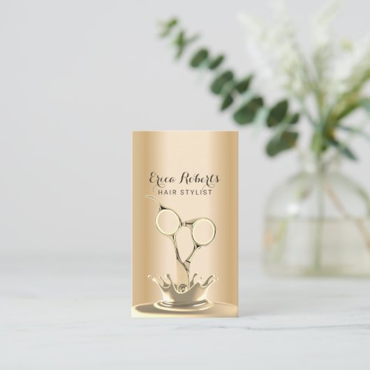 Hair Stylist Moderne Goldschere & Splash Salon Visitenkarte (Stehend Vorderseite)