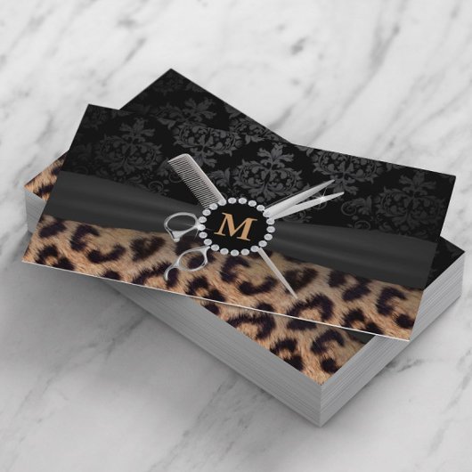 Hair Stylist Monogram Modern Leopard Print Visitenkarte
