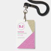Hair Stylist Pink & Gold Glitzer Initial Ausweis (Vorderseite mit Lanyard)