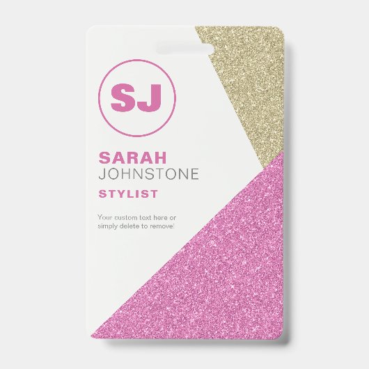 Hair Stylist Pink & Gold Glitzer Initial Ausweis (Vorderseite)
