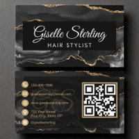 Hair Stylist QR Code Black Gold Agate Luxus