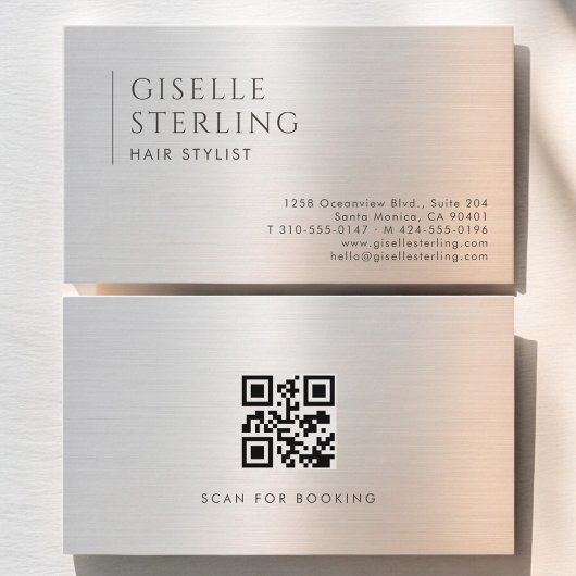 Hair Stylist QR Code Brushed Metal Visitenkarte