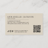 Hair stylist QR code modern script beige black Visitenkarte (Rückseite)