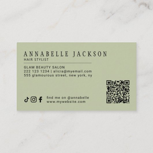 Hair stylist QR code modern script sage green Visitenkarte (Rückseite)