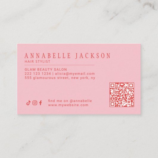 Hair stylist QR code retro modern script red pink Visitenkarte (Rückseite)