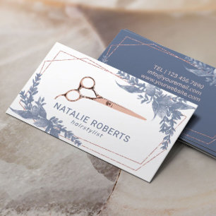 Hair Stylist Rose Goldschere Vintage Blaue Blätte Visitenkarte