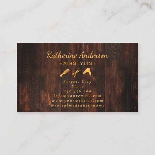 Hair Stylist Rustic Wood Greenery Gold Visitenkarte (Rückseite)