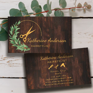 Hair Stylist Rustic Wood Greenery Gold Visitenkarte