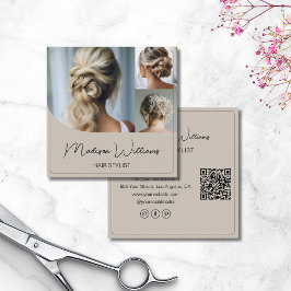 Hair Stylist Salon 3 Fotos QR Code Beige Quadratische Visitenkarte