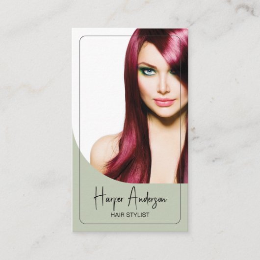 Hair Stylist Salon Custom Photo QR Sage Green Visitenkarte (Vorderseite)