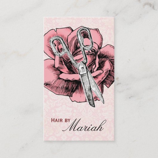 Hair Stylist Salon Rose Pink Damask Business Card Visitenkarte (Vorderseite)