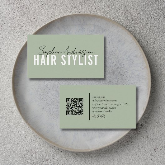 Hair Stylist Salon Sage Green QR Code Visitenkarte