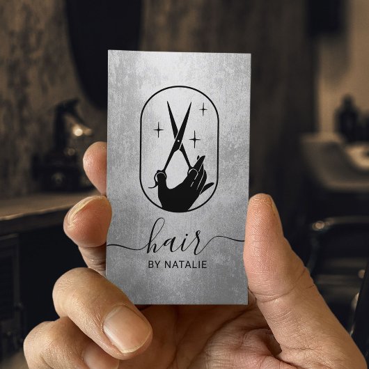 Hair Stylist Schere Handlogo Modern Silber Salon Visitenkarte