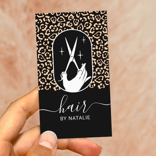 Hair Stylist Scissor & Hand Logo Leopard Salon Visitenkarte