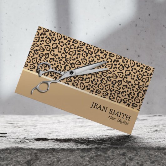 Hair Stylist Scissor Modern Beige Leopard Salon Visitenkarte