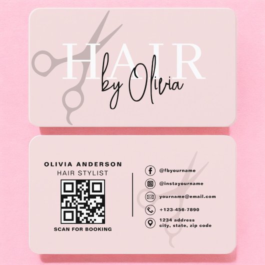 Hair Stylist Scissors Blush Pink QR Code Visitenkarte