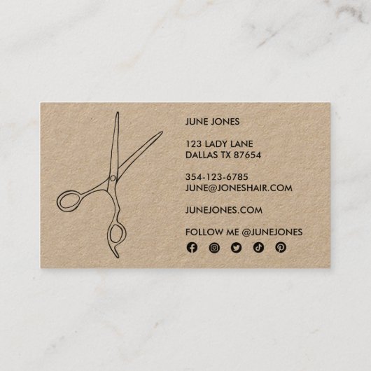 Hair Stylist Scissors Elegante Chic Social Media Visitenkarte (Rückseite)
