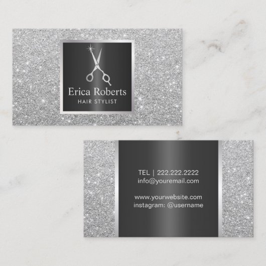 Hair Stylist Scissy Trendy Silver Glitzer Salon Visitenkarte (Vorne/Hinten)
