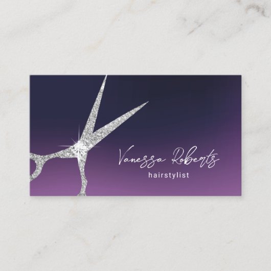 Hair Stylist Silver Scissor Deep Lila Salon Visitenkarte (Vorderseite)