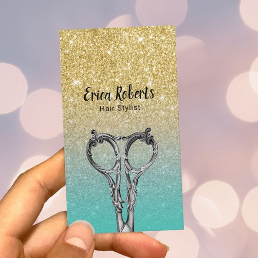 Hair Stylist Trendy Gold & Turquoise Glitzer Visitenkarte