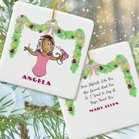 Hairdresser Cartoon Ethnic Thank You Christmas Keramikornament