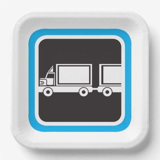 Halb-LKW und Anhänger blaues Symbol Pappteller (Vorderseite)