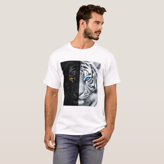 Halb schwarzes, halb weißes Feuertiger-Gesicht Dig T-Shirt (Vorne ganz)