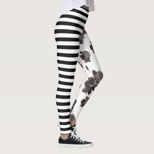 Halb und halb Streifen-Rosen-Schwarzweiss-Blumen Leggings (Rechts)