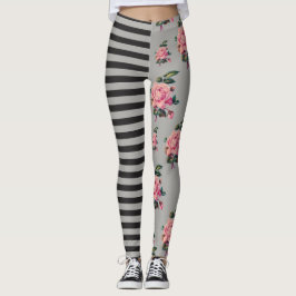 Halb und halb Streifen und Rose mit Blumen Leggings