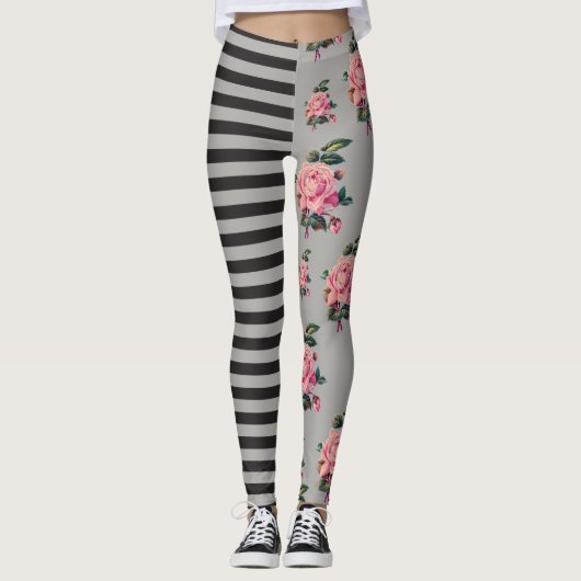 Halb und halb Streifen und Rose mit Blumen Leggings (Vorderseite)