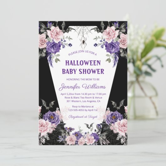 Halbblütendusche mit blühenden Rose, gotisch-schwa Einladung (Stehend Vorderseite)