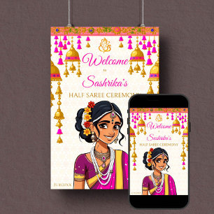 Halbfeier Saree niedliches indisches Mädchen Begrü Poster
