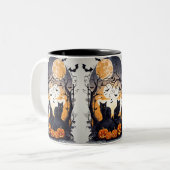 Halbkugel mit schwarzen Katzen, Spinnen Kürbis Zweifarbige Tasse (Vorderseite Links)
