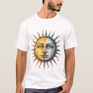 Halbmond Halbsonne Menschengesicht – Himmels-Duali T-Shirt
