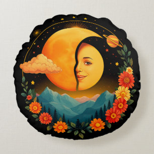 Halbmond-Kunstwerk mit Bergen, Sonnenblumen Rundes Kissen