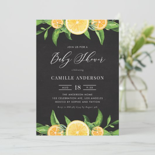 Halbpension Lemons und Orangen Summer Baby Dusche Einladung (Stehend Vorderseite)