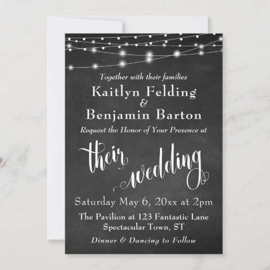 Halbpension mit String Lights, Typografie Wedding Einladung (Vorderseite)