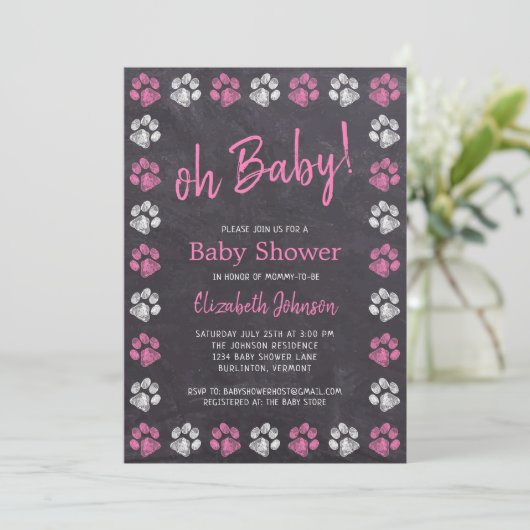 Halbpension Pink Girl Paw Prints Baby Dusche Einladung (Stehend Vorderseite)