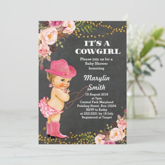 Halbpension Rustikale Cowgirl Babyduschkarte Einladung (Stehend Vorderseite)