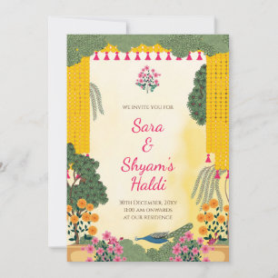 Haldi-Einladung Pfauen-Ringelblumen-Blumengarten Einladung