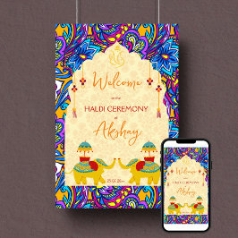 Haldi-Indische Hochzeit Elefanten blaues Begrüßung Poster