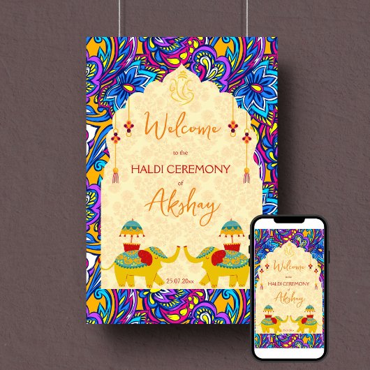 Haldi-Indische Hochzeit Elefanten blaues Begrüßung Poster