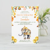 Haldi-Indische Hochzeit Elefantengelbe Blumen Einladung (Stehend Vorderseite)