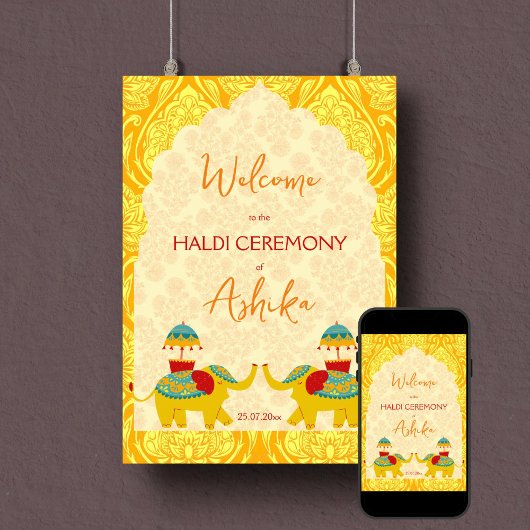 Haldi indische Hochzeitelefanten gelbes Begrüßungs Poster