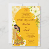 Haldi laden gelbe Blumen Bogen indische Braut ein Einladung (Vorderseite)