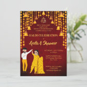 Haldi Mehndi Sangeet Indischer Hochzeitmaroon gelb Einladung (Stehend Vorderseite)