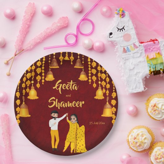 Haldi Mehndi Sangeet Indischer Hochzeitmaroon gelb Pappteller (Party)