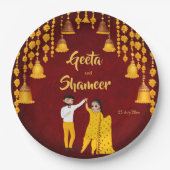 Haldi Mehndi Sangeet Indischer Hochzeitmaroon gelb Pappteller (Vorderseite)